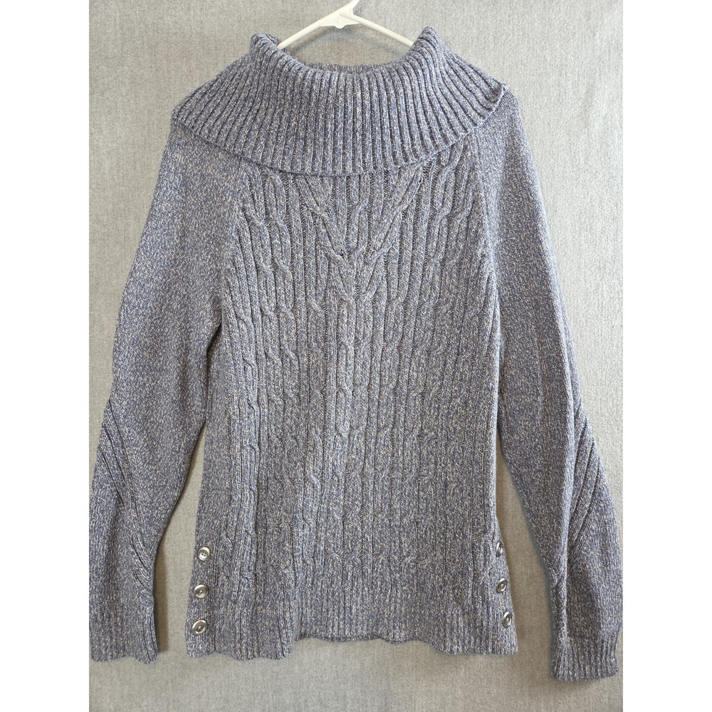 Talbots M Sweater Cable Knit Cowl Neck Pullover Marled Blue Preppy Career Soft